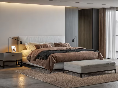Modern Double Bed Interior With Upholstered Headboard Nightstands Table Lamps Bench And Soft Rug 3d model