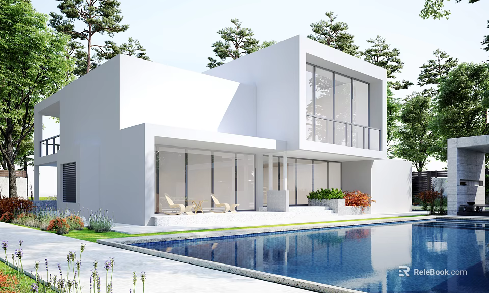 Modern Detached Villa With Swimming Pool Large Glass Windows And Lush Green Garden 3d model 