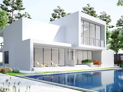 Modern Detached Villa With Swimming Pool Large Glass Windows And Lush Green Garden 3d model