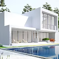 Modern Detached Villa With Swimming Pool Large Glass Windows And Lush Green Garden