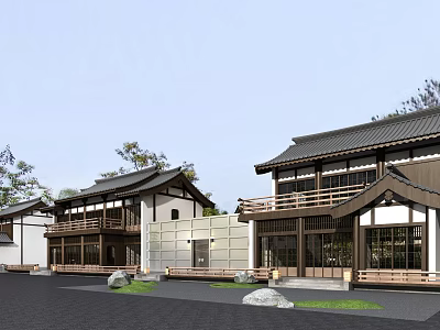 Traditional Chinese Style Townhouse With Black Roof Wooden Structure And Stone Decoration 3d model