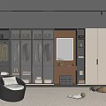 Modern Walk In Closet Interior With Hanging Clothes Illuminated Mirror And Storage Cabinets