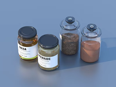 Glass Storage Jars With Various Spices And Powders On Blue Surface 3d model