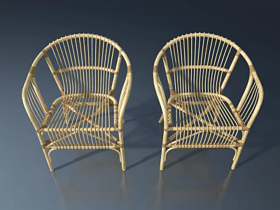Two Light Colored Rattan Armchairs with Woven Design and Smooth Finish 3d model