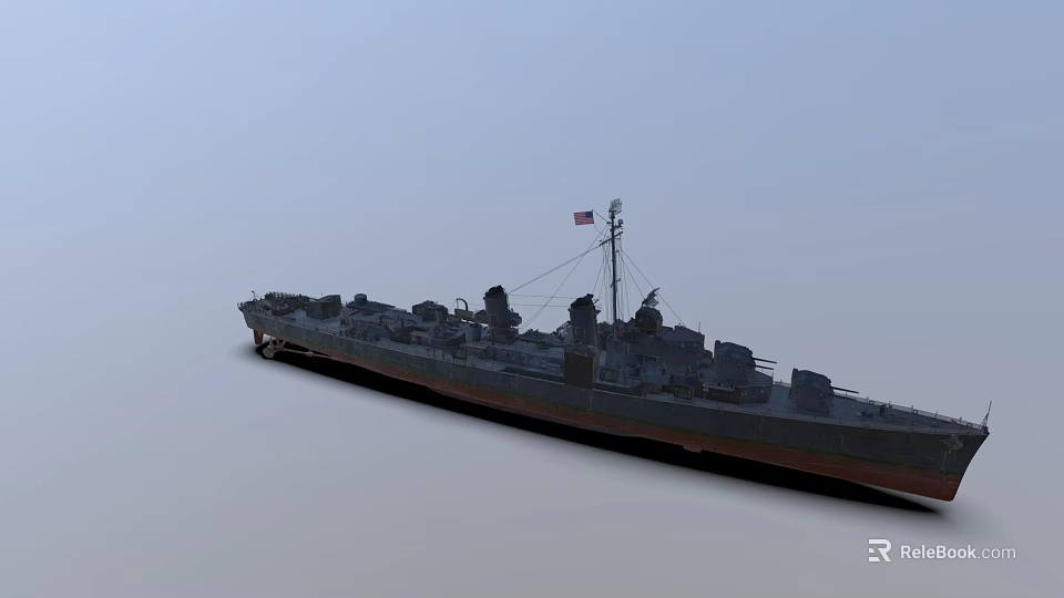 Gray Naval Warship With Flag Guns And Hull Structure On Deck 3d model