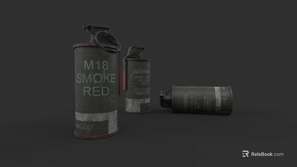M18 Red Smoke Grenade Military Weapon With Green Casing And Warning Label 3d model 