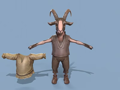 3D Horned Character Model Wearing Vest And Pants With Unfolded Garment 3d model