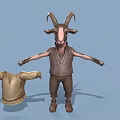 3D Horned Character Model Wearing Vest And Pants With Unfolded Garment