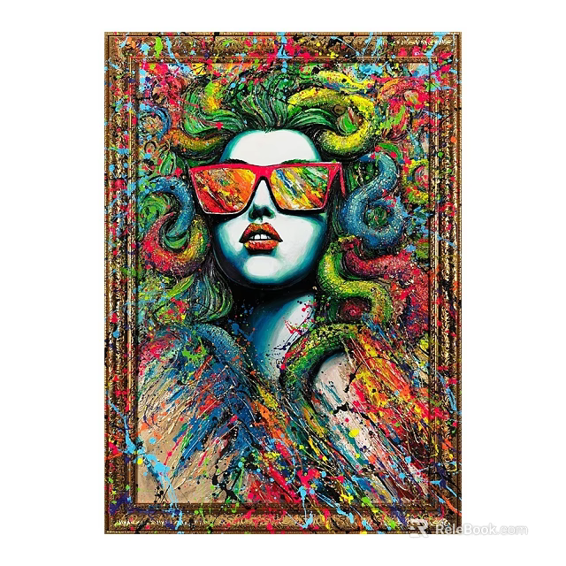 Oil Painting Female Head With Red Sunglasses Green Hair Colorful Snake Decorations And Vibrant Splatter 3d model 