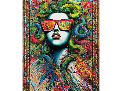 Oil Painting Female Head With Red Sunglasses Green Hair Colorful Snake Decorations And Vibrant Splatter 3d model