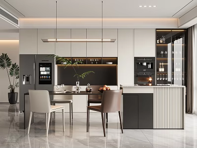 Modern Restaurant Interior Design With Dining Table Chairs Pendant Lights And Decorative Plants 3d model