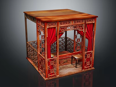 Traditional Chinese Carved Redwood Bed With Red Curtains Carved Railings And Small Stool 3d model