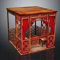 Traditional Chinese Carved Redwood Bed With Red Curtains Carved Railings And Small Stool