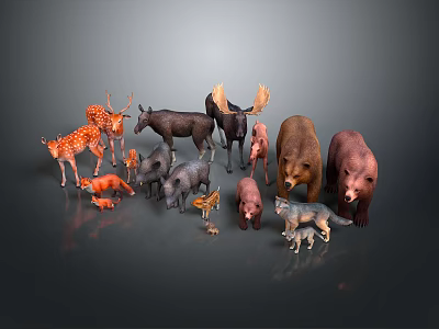Various Wildlife Animal Figurines Collection Featuring Deer Bear Wolf Fox And Chicken Models 3d model