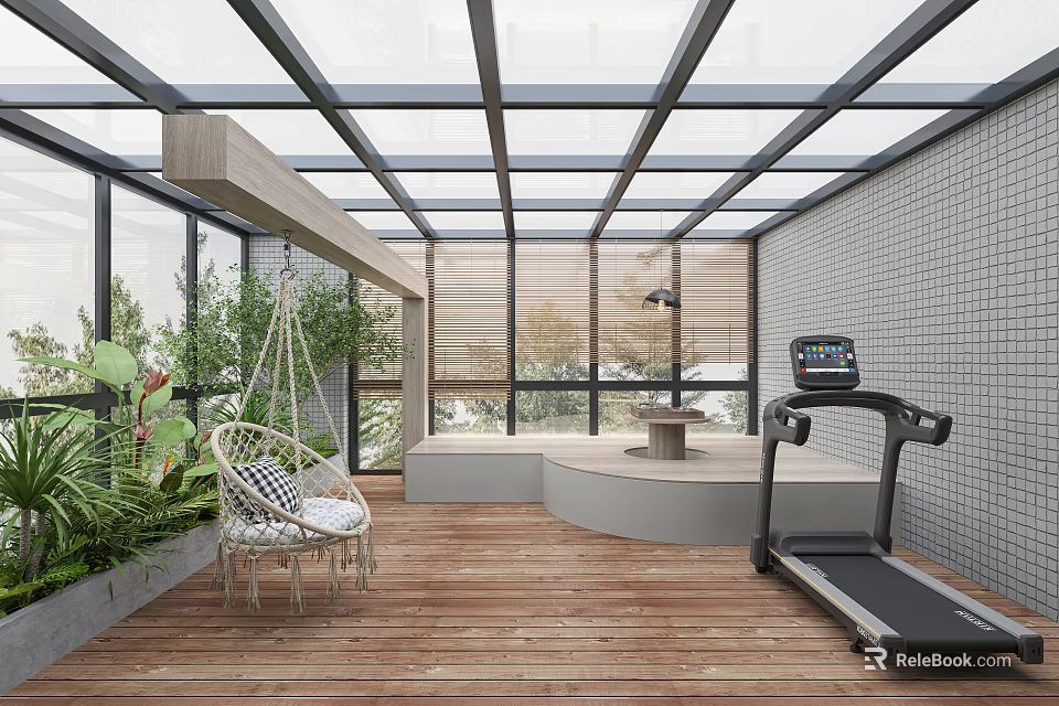 Cozy Glass Roofed Garden With Wooden Flooring Green Plants Swing Treadmill Blinds And Round Table 3d model 