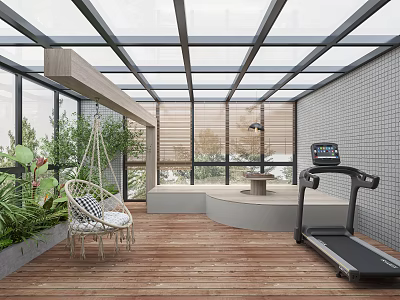 Cozy Glass Roofed Garden With Wooden Flooring Green Plants Swing Treadmill Blinds And Round Table 3d model