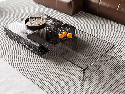 Modern Glass And Marble Coffee Table With Tray Of Glasses And Oranges In Living Room 3d model