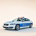 BMW White And Blue Police Sedan With Emergency Lights And POLIS Lettering