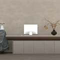 Minimalist Front Desk Interior With Wooden Counter Computer Monitor And Decorative Elements
