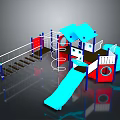 Colorful Playground Structure With Blue Slide Red Platform White Railings And Climbing Spiral