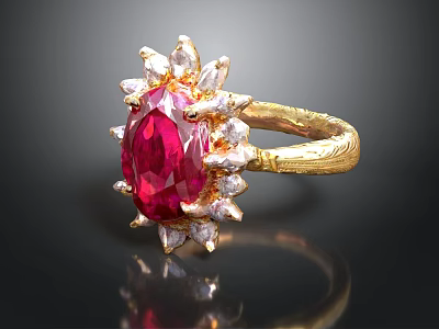 Elegant Gold Ring With Large Red Gemstone And Surrounding White Stones 3d model