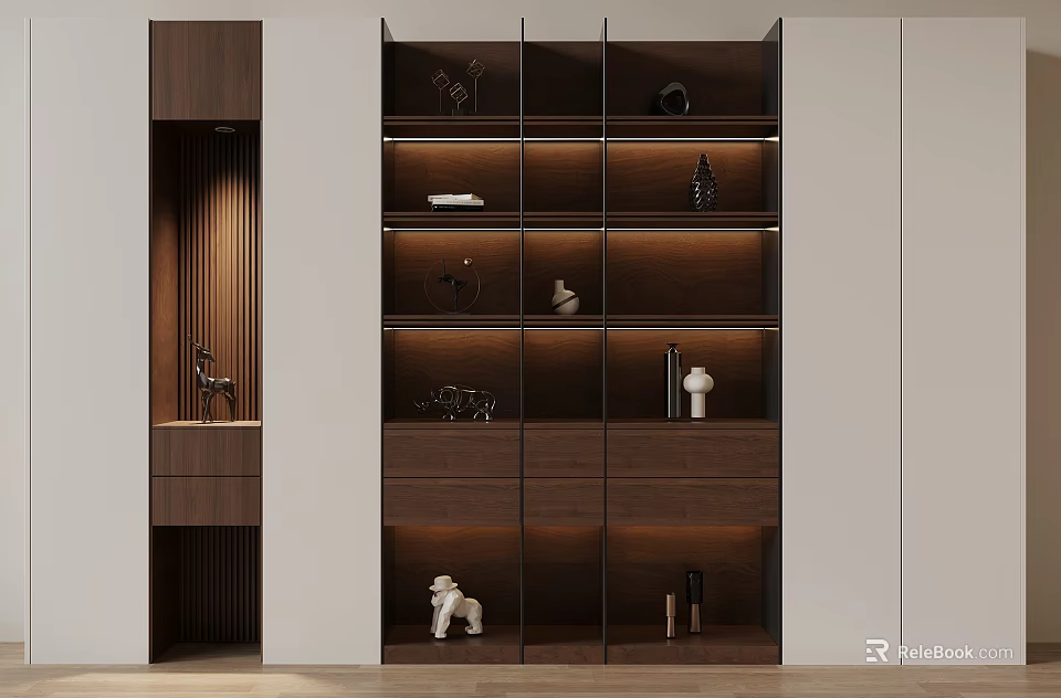 Modern Wooden Bookcase With Open Shelves Decorative Sculptures Vases And White Cabinet Doors 3d model 