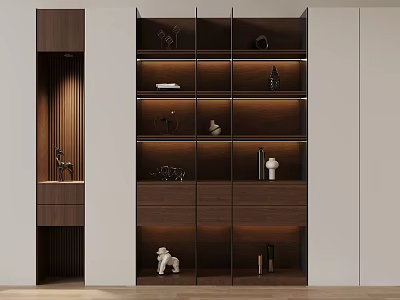 Modern Wooden Bookcase With Open Shelves Decorative Sculptures Vases And White Cabinet Doors 3d model
