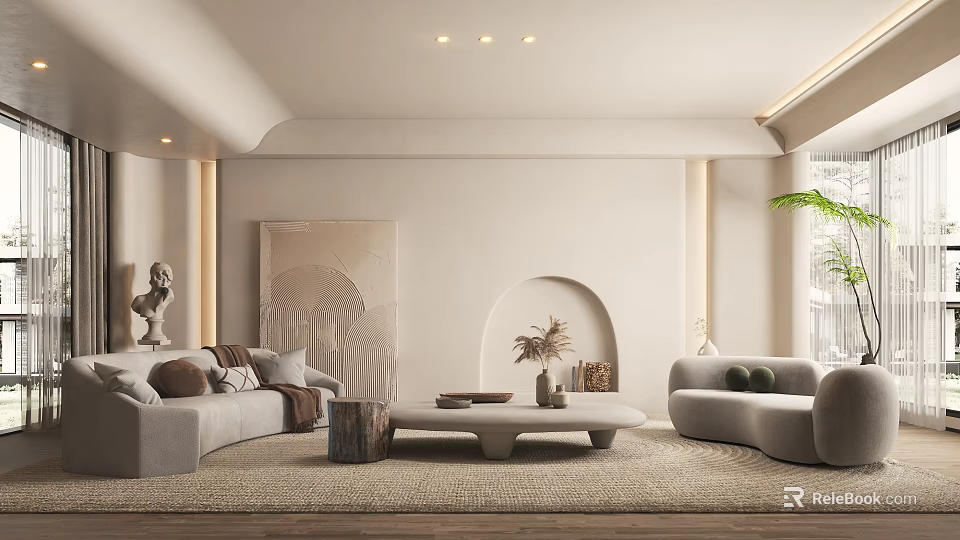 Neutral Living Room Interior With Beige Sofas Coffee Table Arched Design And Artwork 3d model 