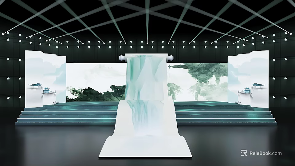 Modern Stage Design Featuring Waterfall Projection Steps And Background Screens 3d model