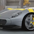 Gray Sports Convertible Car With Yellow Stripes And Alloy Wheels In Industrial Warehouse Setting