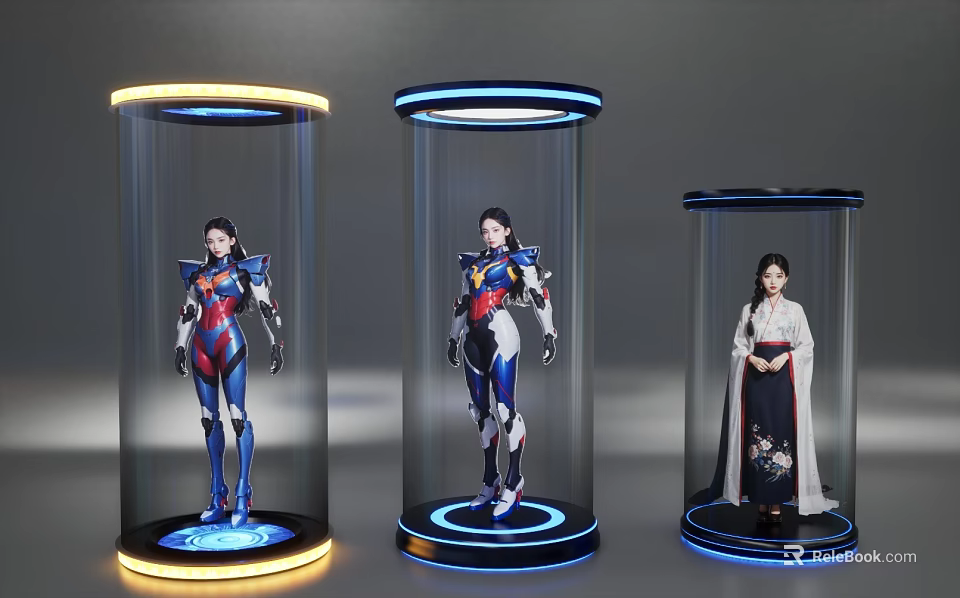 Smart Machines Featuring Humanoid Designs in Transparent Cylindrical Containers with Illuminated Bases 3d model 