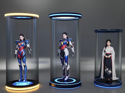 Smart Machines Featuring Humanoid Designs in Transparent Cylindrical Containers with Illuminated Bases 3d model