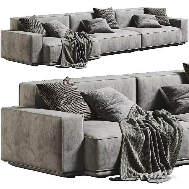 Modern Gray Sectional Sofa with Soft Fabric Multiple Pillows and Cozy Throw Blanket 3d model 