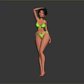 Woman In Green Bikini Posing With Hand On Head Against Grey Background