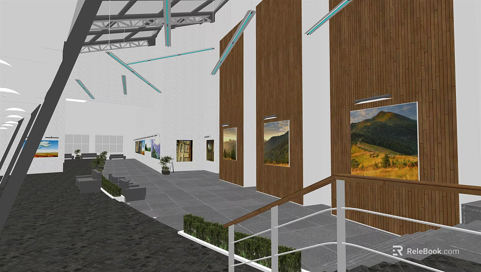 Art Gallery Interior Featuring Landscape Paintings Wooden Walls Staircase And Green Plants 3d model 