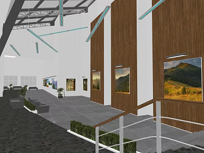 Art Gallery Interior Featuring Landscape Paintings Wooden Walls Staircase And Green Plants 3d model