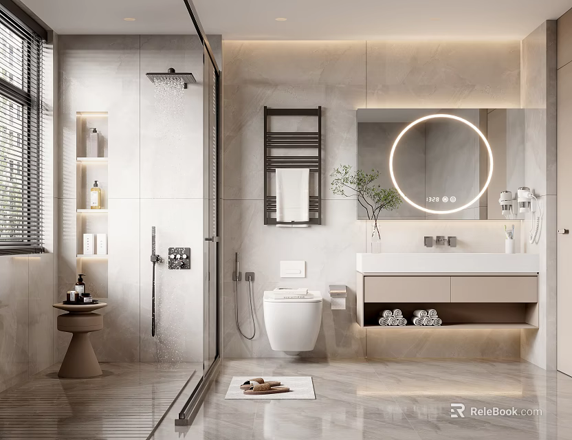 Modern Bathroom Interior Design With Round Mirror Marble Walls Shower Area Vanity And Storage Cabinets 3d model 