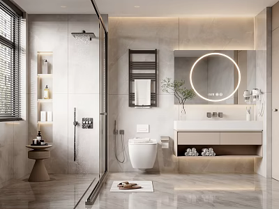 Modern Bathroom Interior Design With Round Mirror Marble Walls Shower Area Vanity And Storage Cabinets 3d model