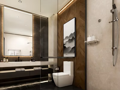 Modern Hotel Bathroom Interior With Large Mirror Wooden Wall Art White Toilet And Shower Fixture 3d model