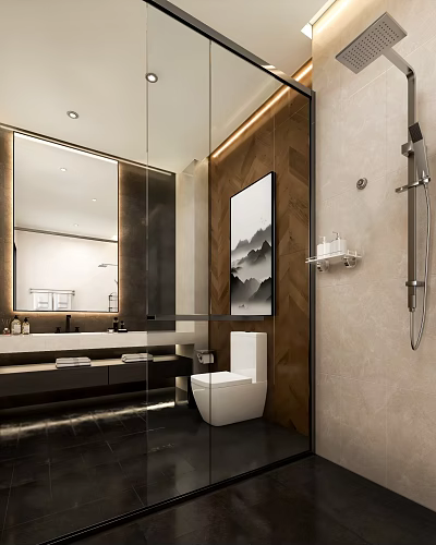 Modern Hotel Bathroom Interior With Large Mirror Wooden Wall Art White Toilet And Shower Fixture 3d model