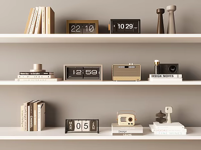 Stylish Decorative Ornament Set with Books Calendars Vintage Radios and Small Decorative Pieces on Shelves 3d model