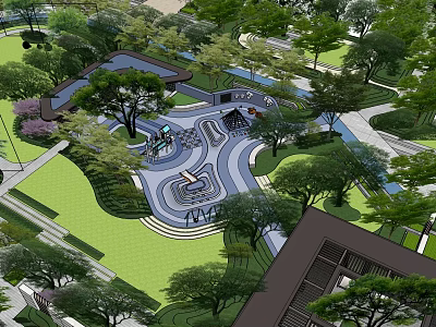 Garden Landscape Design with Lush Trees Winding Pathways and Green Lawns 3d model