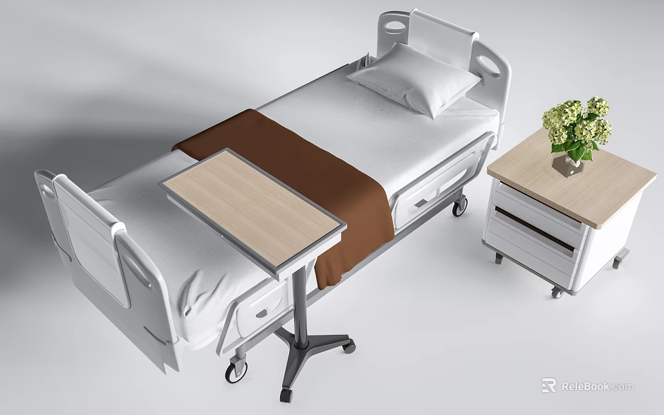 Hospital Bed with White Sheets Brown Blanket Movable Overbed Table and Bedside Table with Flowers 3d model 