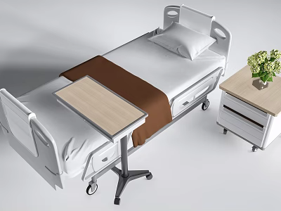 Hospital Bed with White Sheets Brown Blanket Movable Overbed Table and Bedside Table with Flowers 3d model