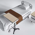 Hospital Bed with White Sheets Brown Blanket Movable Overbed Table and Bedside Table with Flowers