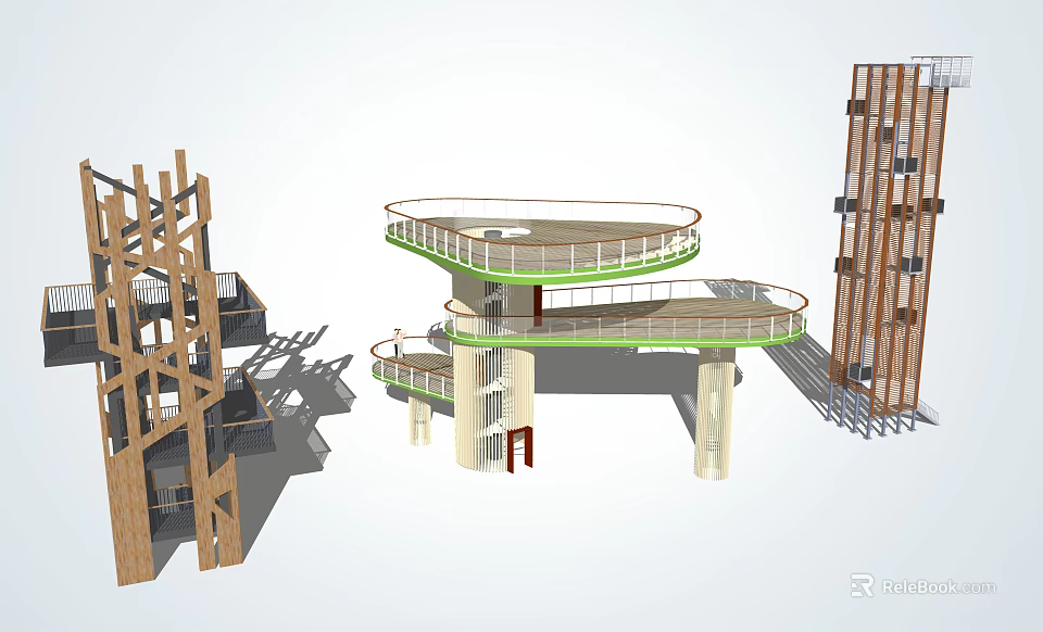 Modern Road Facilities With Multi Level Walkways Green Railings And Support Columns 3d model