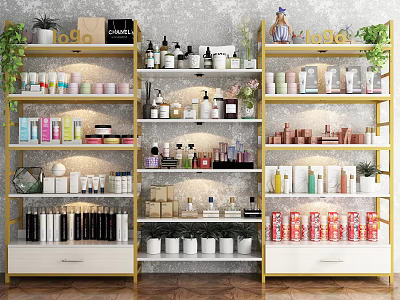 Cosmetics and Perfumes Display on Shelves with Various Bottles Jars Boxes and Green Plants 3d model
