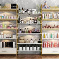 Cosmetics and Perfumes Display on Shelves with Various Bottles Jars Boxes and Green Plants