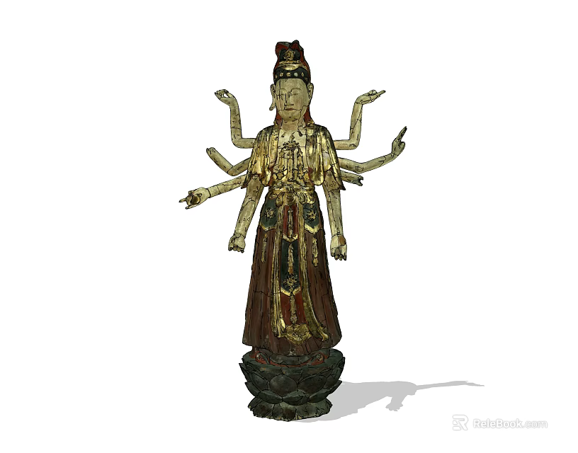 Traditional Intricate Sculpture With Multiple Arms Golden Red Decoration And Carved Base 3d model 
