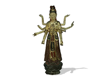Traditional Intricate Sculpture With Multiple Arms Golden Red Decoration And Carved Base 3d model